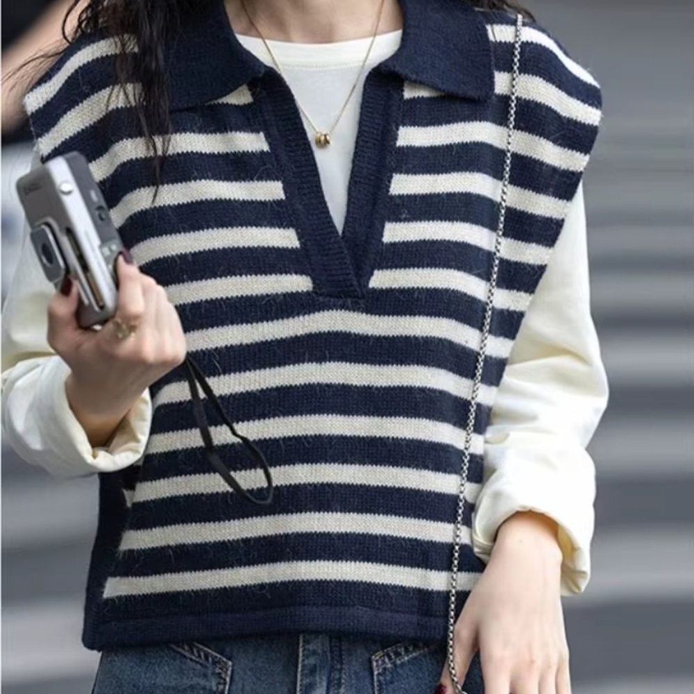 Navy and White Striped Women's Sweater Vest